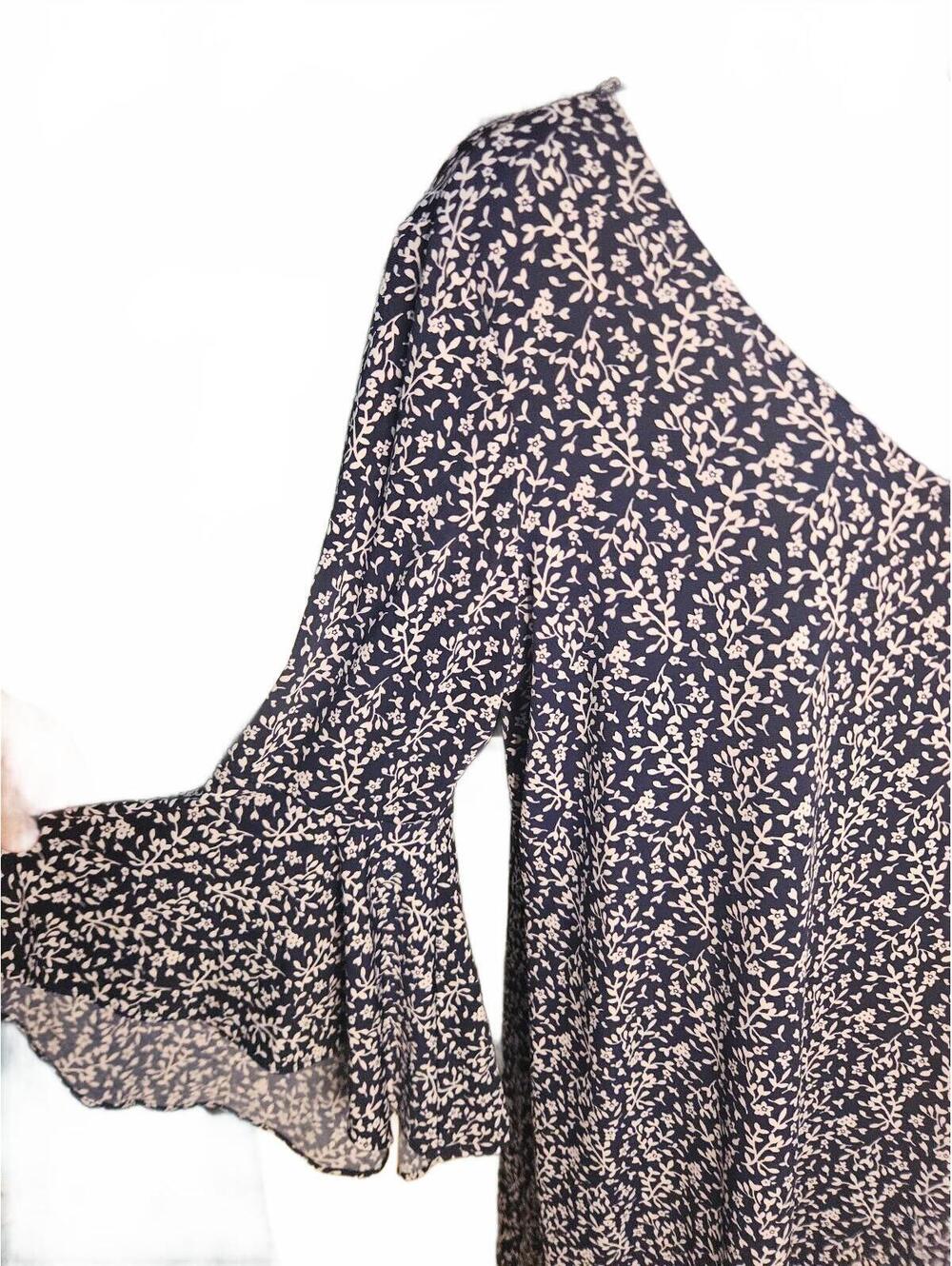 MSK Petite Navy Blue and White Floral Print Dress with Bell Sleeves, Size PXL - Picture 3 of 6